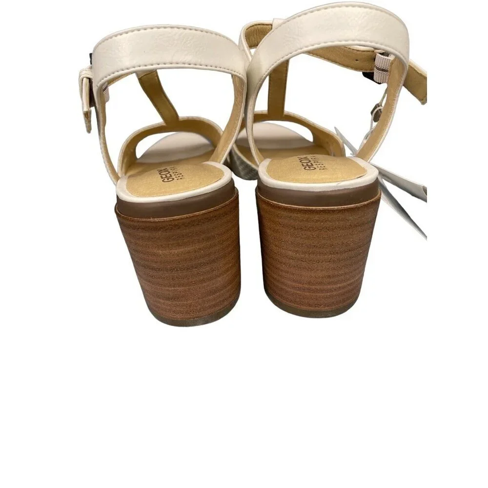 Geox Annya Mid Sandals Block Heel T Strap White SZ 40 EU 10 US NIB